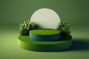 3d minimal circle podium illustration with green grass for product background. photo