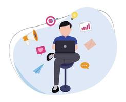 man doing marketing promotion. flat design illustration of man doing online promotion. online man using laptop vector