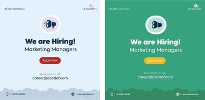 We are hiring. we are hiring marketing managers announcement post with megaphone. Marketing manager job vacancy announcement post with two different background color. career opening apply now. poster vector