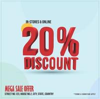 20 percent discount mega sale offer post in red color with cyan background. Yearly sale post with twenty percent discount in 3D. vector