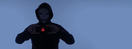 Hacker Anonymous and face mask with smartphone in hand. Man in black hood shirt holding and using mobile phone on white background. Represent cyber crime data hacking or stealing personal data concept photo