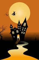 Halloween concept background or party invitation background with a moon night and castle. Vector illustration.