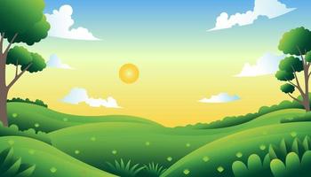 vector illustration of green field with sunny clouds and shining sun