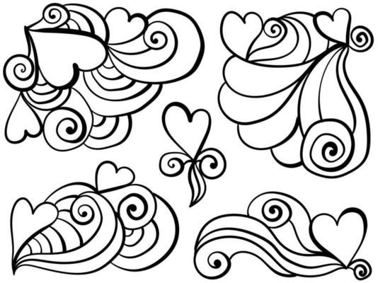 set of doodle hearts with patterns, fantasy motifs for Valentine's Day design