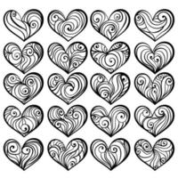 Outline set of heart shaped valentines for holiday decor, meditative coloring pages with waves and spirals vector