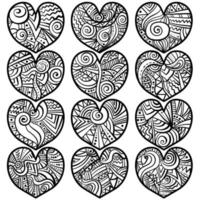 Set of doodle hearts with patterns, valentines with zen curls
