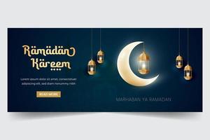 Ramadan kareem horizontal greeting banner with moon and lantern illusration vector