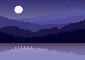 paisaje nocturno con montañas, lago, bosque y luna llena. ilustración vectorial vector