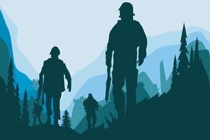 vector silhouettes of soldiers,Police, cowboy, group 1 team various styles holding weapons, preparing for battle, fight, style, green clothes isolated forest background