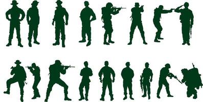 siluetas vectoriales de soldados, policía, vaquero, grupo 1 equipo varios estilos sosteniendo armas, preparándose para la batalla, lucha, estilo, ropa verde aislada en fondo blanco vector