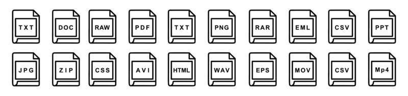 gran colección de iconos vectoriales, extensiones de archivo conjunto de iconos diversos - un conjunto de archivos informáticos e iconos de software vector de stock