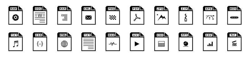 Big Collection of vector icons, file extensions diverse icons set - A set of computer files and software icons stock vector