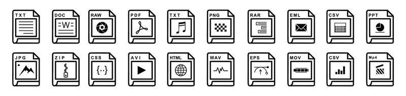 Big Collection of vector icons, file extensions diverse icons set - A set of computer files and software icons stock vector