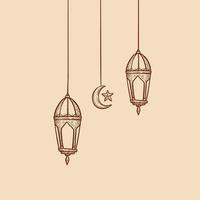 colgando luces de linterna de ramadán con ilustración de vector de elemento de dibujo a mano de estilo de boceto de media luna