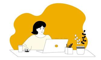 Girl with laptop. Freelance or studing proect. Student studying with book. Vector female character illustration
