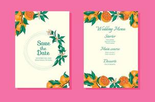 conjunto de tarjetas de invitación de boda con diseño de plantilla de naranjas, flores y hojas brillantes. eps10 vectoriales vector