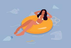 Plastic garbage and various garbage in sea water. Woman floating on a rubber ring in dirty water. ecology problems and ocean plastic. Floating Sea Garbage in Polluted Water. Planet Pollution vector