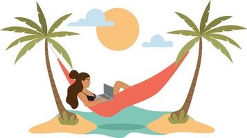 freelancer acostado en una hamaca, relajándose en el mar, trabajando en línea en una computadora portátil. subcontratación, freelance. el concepto de trabajo en el mar. trabaja donde quieras con mucho gusto. trabajo en la playa. en línea vector