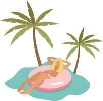 Woman on swimming rubber ring vector concept. tanned girl, bikini swimsuit on a blue water wave background. Relaxing, remote working at summer sea, beach, pool. Best summer. Vacation, rest. pool