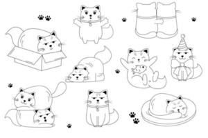 Funny black and white outline cartoon cats doodle. Character cat. Lettering cat. vector