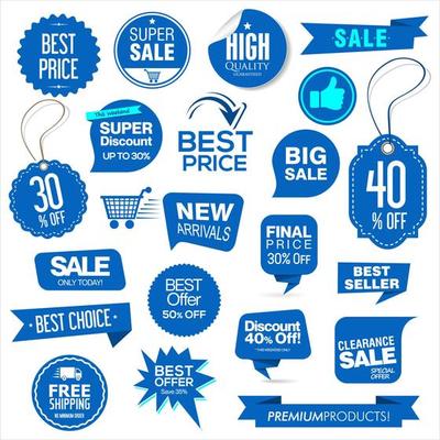 Collection of blue super sale and premium quality badge stickers and tags