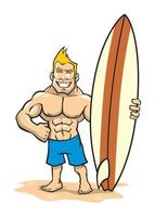 smiling muscle surfer posing with surfboard vector