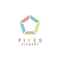 Abstract five elements in pentagon logo design illustration. Monogram pictogram pentagon symbol red green yellow brown blue multicolor.Isolated background. vector