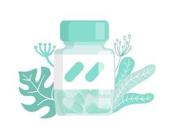 Herbal Capsules in a Bottle against a background of leaves. Concept of alternative Medicine and phytotherapy. Homeopathic and herbal Pills. Flat vector illustration.