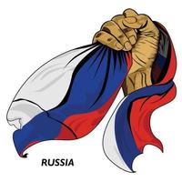 Fisted hand holding Russian flag. Vector illustration of Hand lifted and grabbing flag. Flag draping around hand. Editable and scalable Eps format