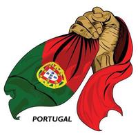 puño mano sujetando la bandera portuguesa. ilustración vectorial de la mano levantada y agarrando la bandera. bandera colgando alrededor de la mano. formato eps editable y escalable vector