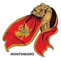 mano en puño sosteniendo la bandera montenegrina. ilustración vectorial de la mano levantada y agarrando la bandera. bandera colgando alrededor de la mano. formato eps editable y escalable vector