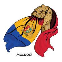 Fisted hand holding Moldovan flag. Vector illustration of Hand lifted and grabbing flag. Flag draping around hand. Editable and scalable Eps format