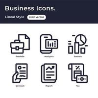 iconos de negocios establecidos con estilo de esquema con cartera, análisis, estadística, contrato, informe, impuestos vector