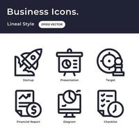 Business icons set with outline style with startup, presentation, target, financial report, diagram, checklist vector