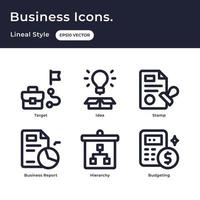 Business icons set with outline style with business target, idea, stamp, business report, hierarchy, budgeting vector
