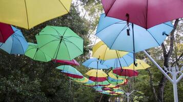 paraguas colgado en la decoración de la calle para atraer a la gente. atracción del parque al aire libre para una sesión de fotos o una bonita vista de fondo.