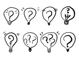 Set of hand drawn Light Bulb Icon with Question sign. doodle questions marks. isolated on white background. vector illustration.