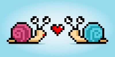 8 bit pixel of snail couple in love. Animal pixel for game assets and cross stitch patterns, in vector illustrations