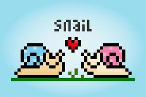 8 bit pixel of snail couple in love. Animal pixel for game assets and cross stitch patterns, in vector illustrations