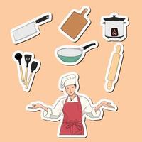 Colorful hand drawn kitchen appliances with chef stickers design vector