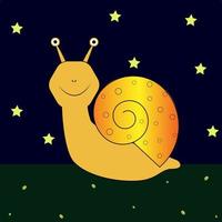Cheerful snail with a smile and a shell, vector illustration for children, background of the night sky and stars, fireflies, funny picture