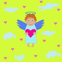 Angel little boy with red hair with a heart in his hands on a yellow background with clouds vector