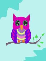 Multi-colored owl with big eyes against the sky with a twig and leaves vector