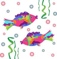 dos peces abstractos brillantes inusuales contra el fondo de algas y burbujas horóscopo de piscis vector