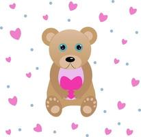 lindo oso beige con un corazón en sus manos y corazones en el fondo vector