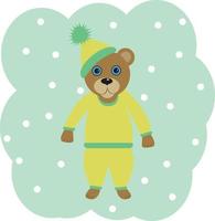 lindo oso de peluche con sombrero y pijama amarillo sobre un fondo azul con ilustración infantil de lunares vector