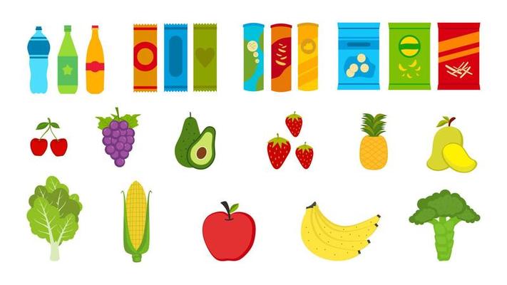 Set of vegetables, fruits, drinks and snacks for food donation.