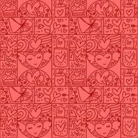 Valentines logo vector seamless pattern love, bag, heart, envelope line and abstract on red background. Hand drawn monoline constructor for romantic greeting card wedding