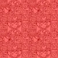 Valentines logo vector seamless pattern love, bag, heart, envelope line and abstract on red background. Hand drawn monoline constructor for romantic greeting card wedding