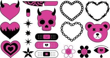 Vector set of elements in n2d style, kawaii emo illustration black and pink